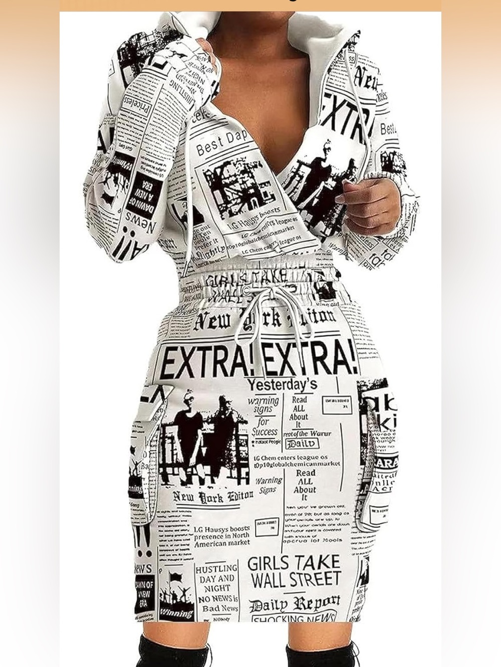 Newspaper Print Black & White Wrap Dress with Drawstring Waist🗞️